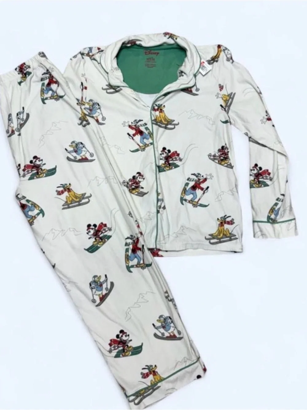 Disney Mickey Mouse Skiing Pajama Set Kids Large White Vintage 90s Christmas
